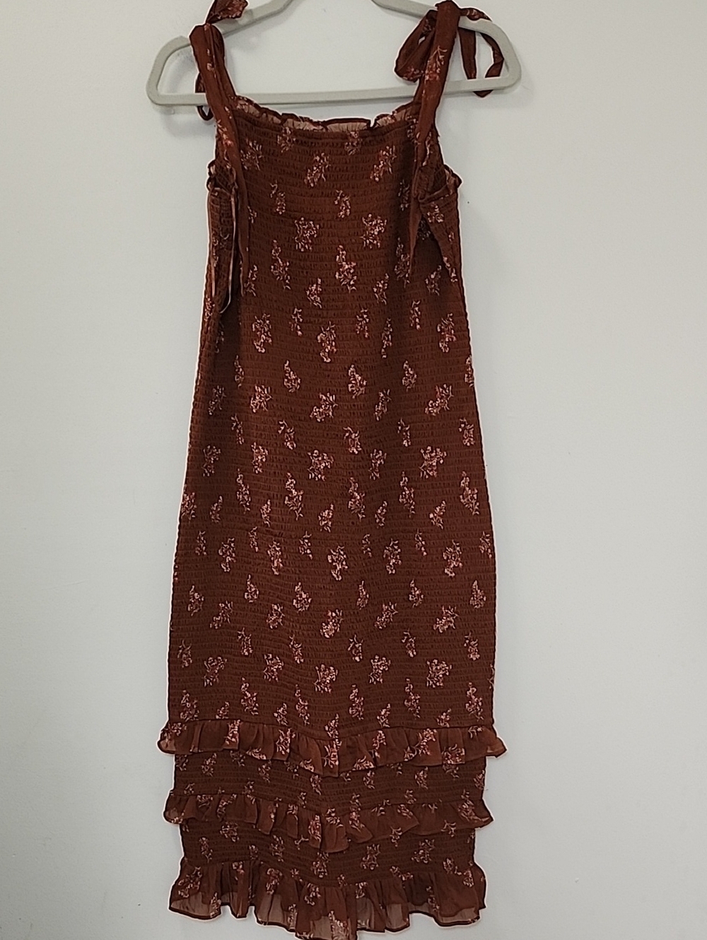 Abercrombie&Fitch Tie-Strap Smocked Mid Dress Chocolate brown floral print Sz XL - Picture 4 of 16